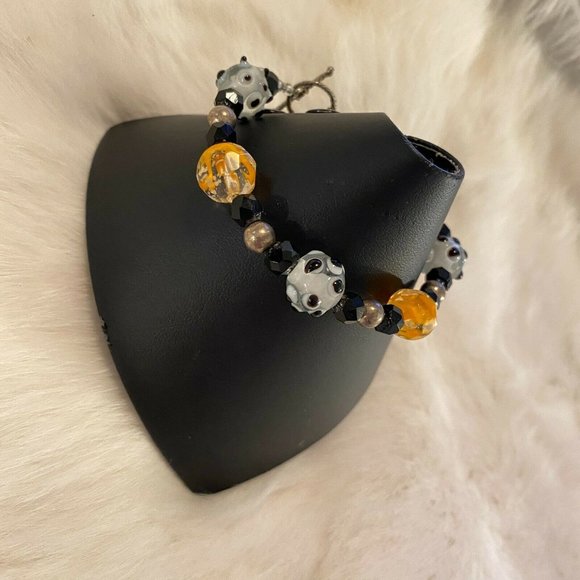 BLack Orange Polka Dot Bead Bracelet Silver Tone Metal Toggle Clasp 6203 - Picture 2 of 8